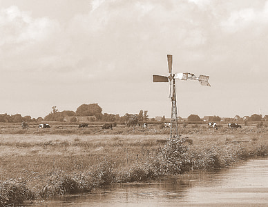Øst-Friesland, hjul, vindmølle, arkitektur, elven, sepia