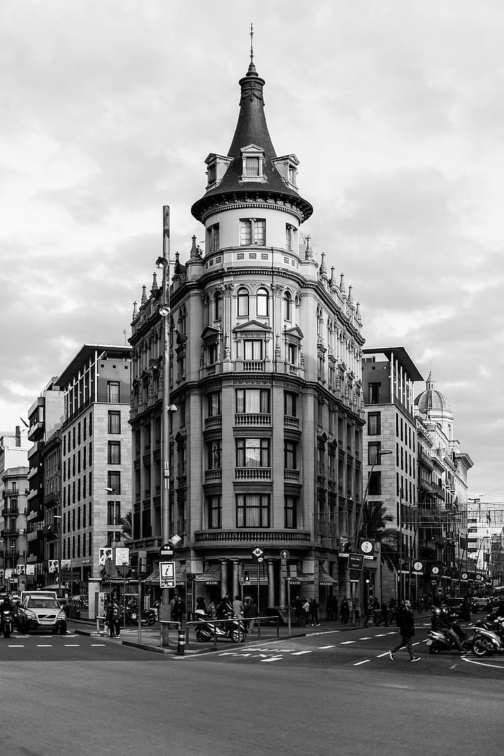 architecture, black-and-white, buildings, city, clouds, people, roads