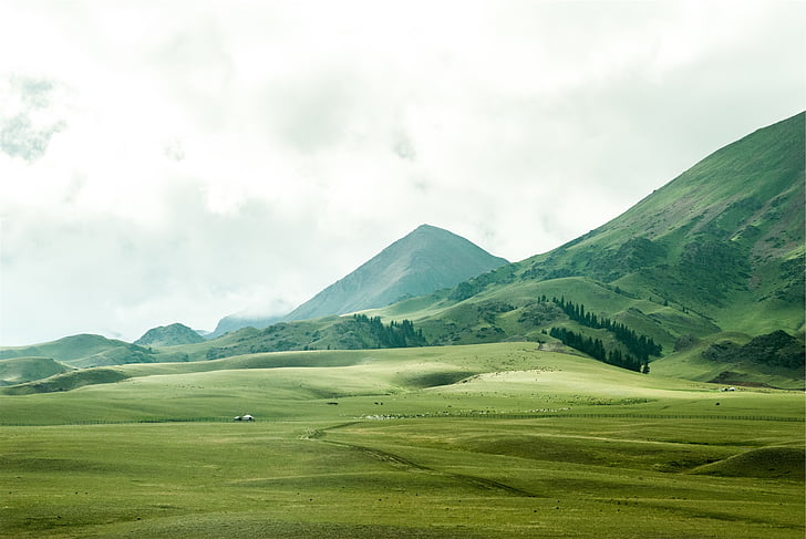 green, mountains, cloudy, skies, daytime, landscape, hills