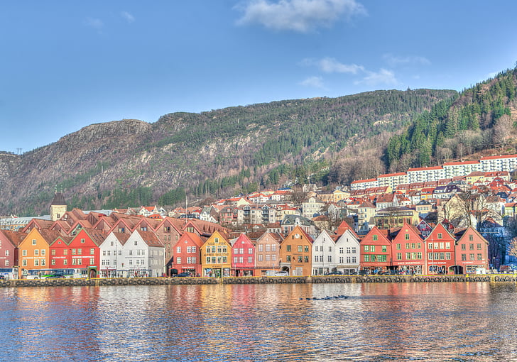 Norge, Bergen, kysten, Skandinavia, arkitektur, refleksjon, fjell