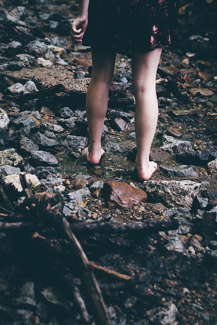 barefoot, feet, female, ground, sticks, walking, women