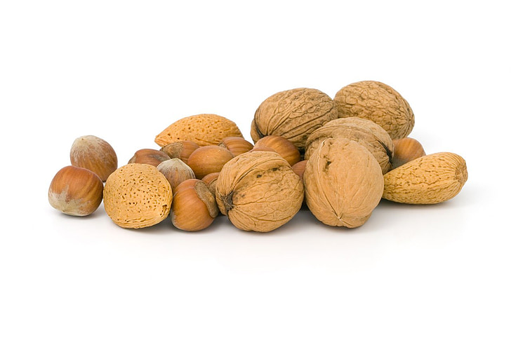 various, nuts, almond, walnut, hazelnut, pile, food