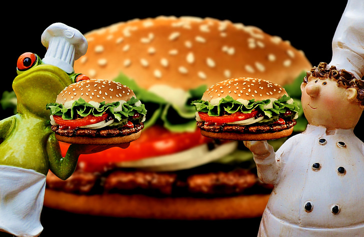 ハンバーガー, チーズバーガー, シェフ, 面白い, 食品, 準備, シェフの帽子
