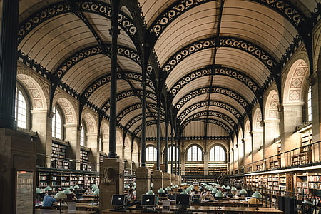 arches, architecture, building, ceiling, indoors, lamps, library