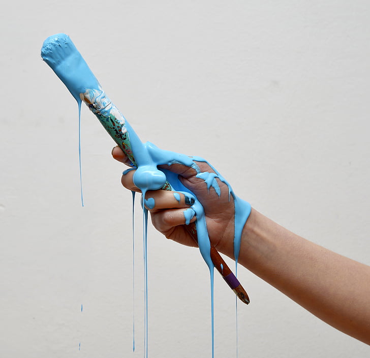 pintura, la mà, pintura, mà, raspall, blau, color