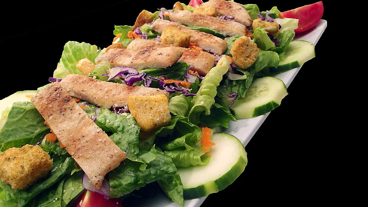 caesar, chicken, salad, black, background, food, plate