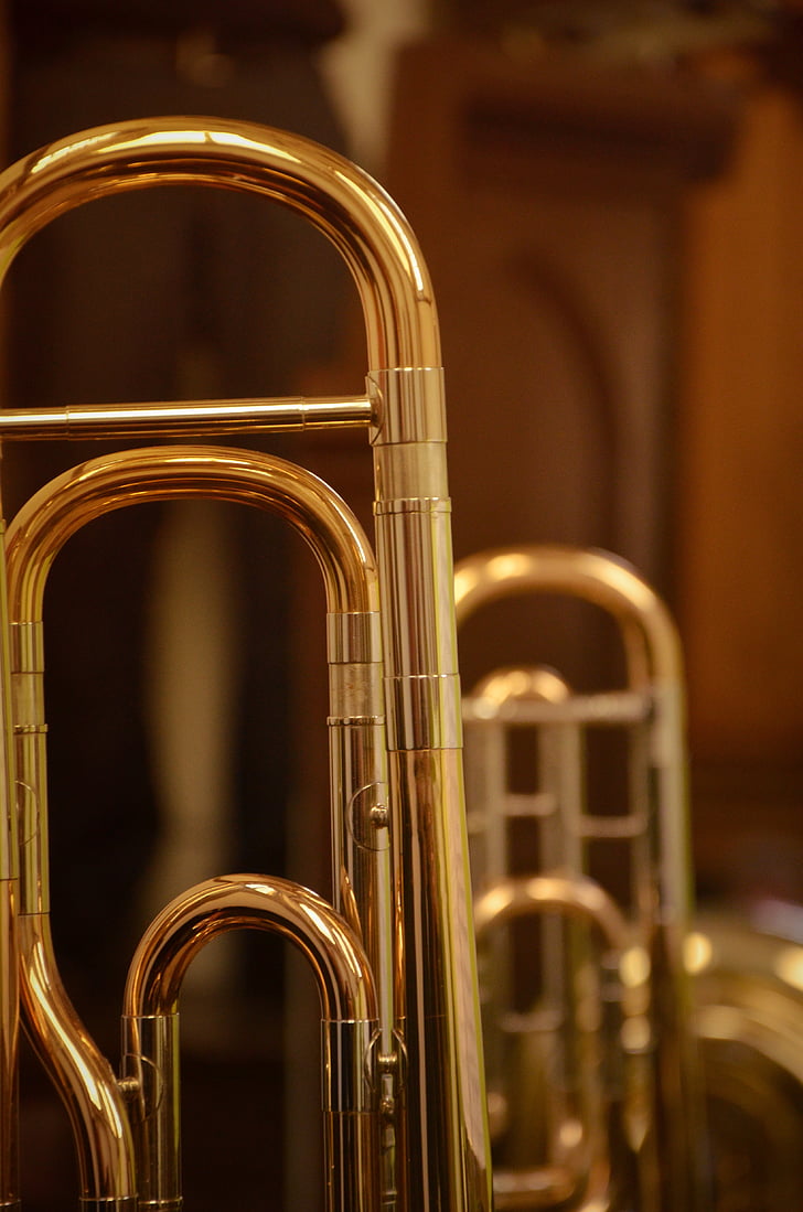 trombó, trompeta, tancar, instrument, llautó, d'or, instrument de vent