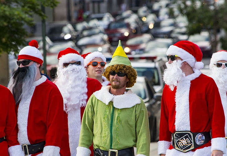Santa, jelmez, elf, zöld, piros, utca, Claus