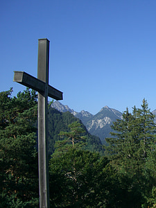 cross, summit cross, firs, mountains, allgäu alps, sky, blue