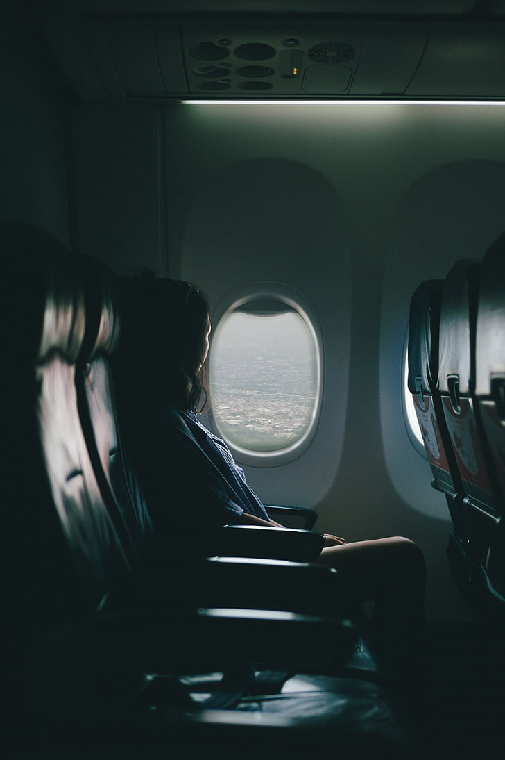 woman, plane, near, window, watching, view, airplane