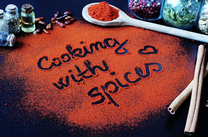paprika, peper, koken, de inscriptie, kleurrijke kruiden, de geur van, kleurrijke