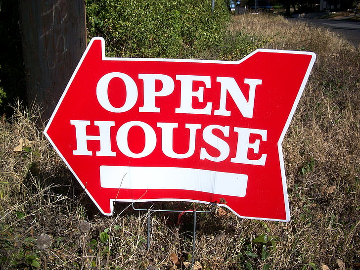 open house, sign post, arrow, sign, open, real estate, traffic sign