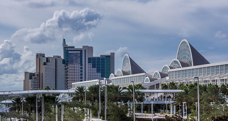 Orlando, Florida, Architektura, niebo, chmury, Miasto, Skyline