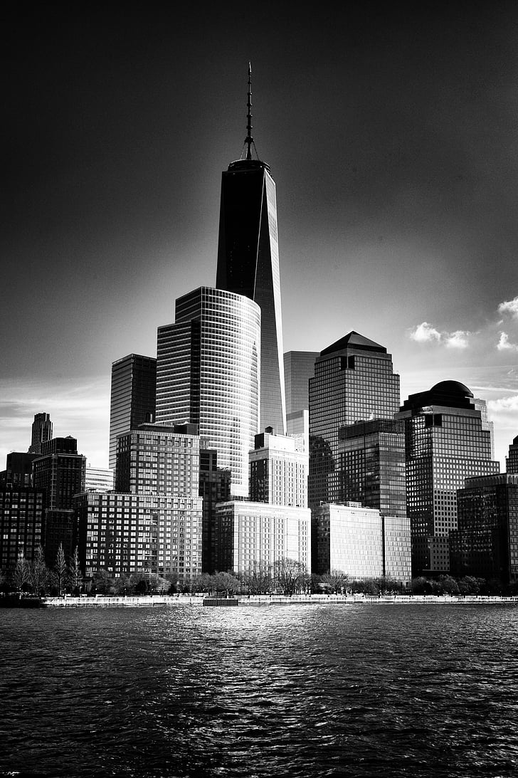 grijswaarden, fotografie, hoge, opkomst, gebouwen, New york, stad