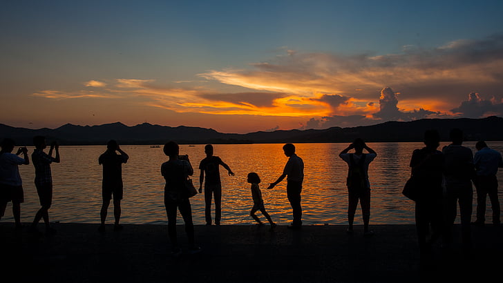 west lake, the scenery, character, sunset, people, silhouette