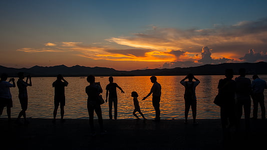 west lake, the scenery, character, sunset, people, silhouette