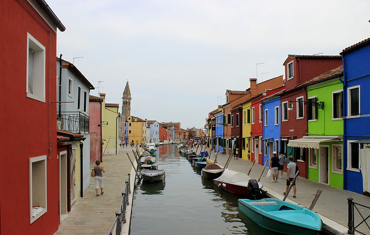 Burano, Italia, canale, Barche, colori, Venezia, Case