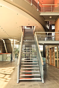 építészet, belsőépítészet, épület, lépcső, Düsseldorf, belső, korlát