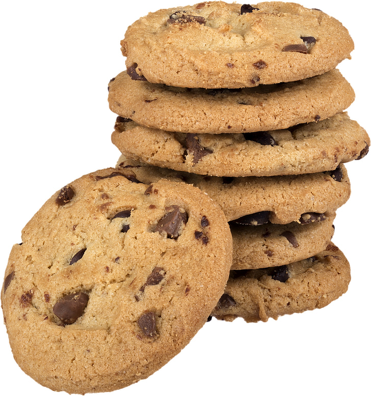 cookies, chocolate chip cookies, stack of cookies, white background, food, dessert, sweet