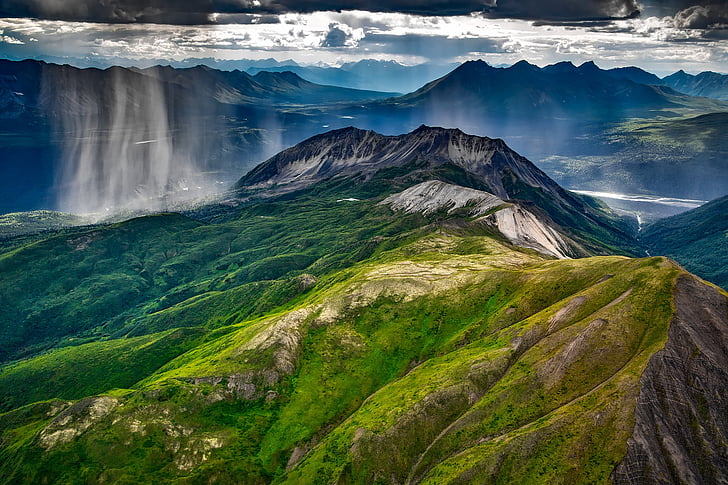 Wrangell, hory, Aljaška, krajina, prší, bouře, Tundra