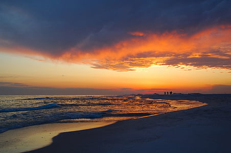 sunset, coastline, beach, sand, waves, wading, silhouettes