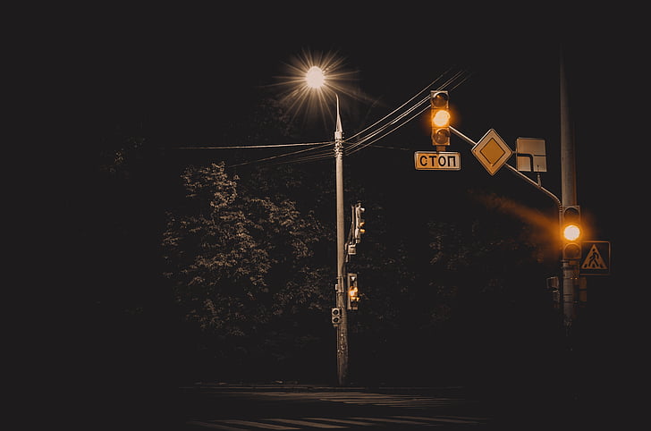 carrer, signe, nit, arbre, carretera, viatges, escena