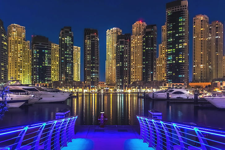 Dubai, Dubai marina, Arabemiraten, viken, belysta, Jumeirah, Downtown