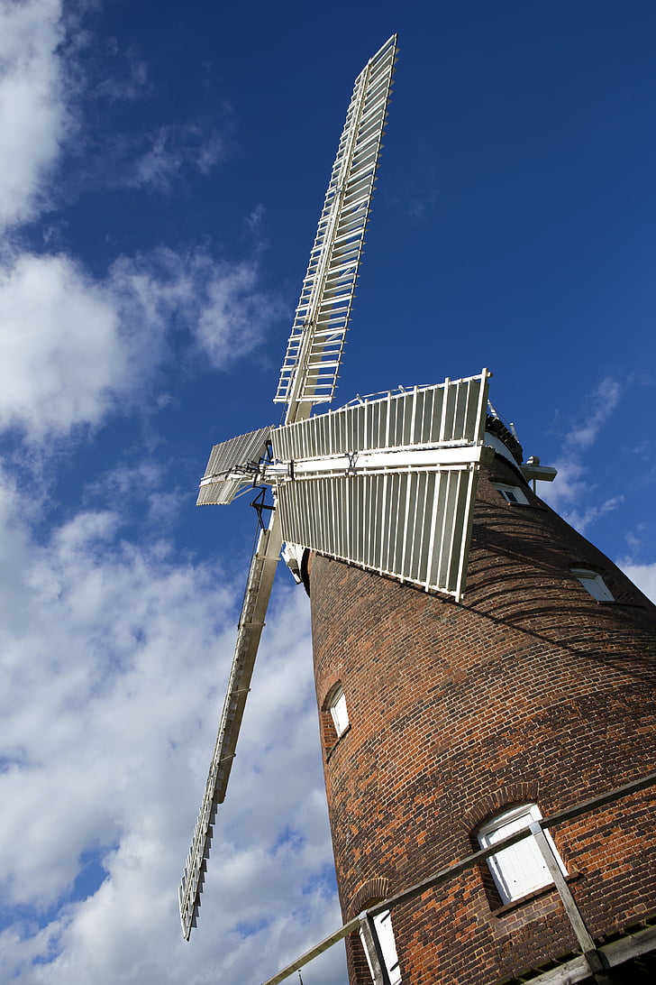 thaxted, essex, england, restored windmill, white sails, red brick, picturesque