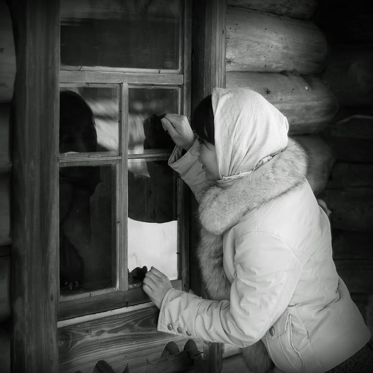 meisje, venster, winter, Frost, koud, reflectie, Cottage