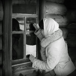 女孩, 窗口, 冬天, 弗罗斯特, 冷, 反思, 小屋