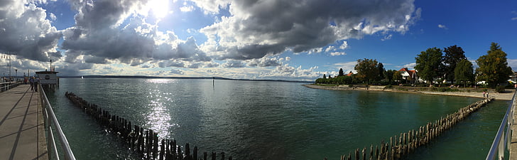Hagnau, Lago de Constança, Panorama, Lago, banco, sol, nuvens