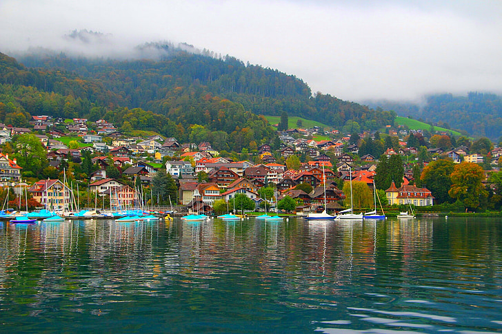 poble, Llac de thun, Suïssa, Llac blau, calma, fresc, vida fàcil