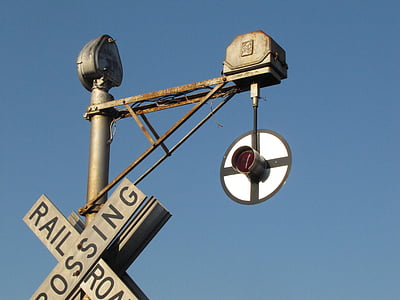 velho, estrada de ferro, travessia, Trem, sinal, sinal, aviso
