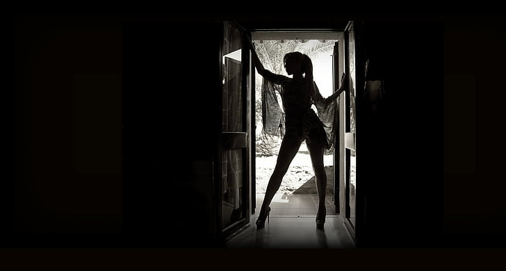 woman, standing, door, silhouette, scene, posed, black and white