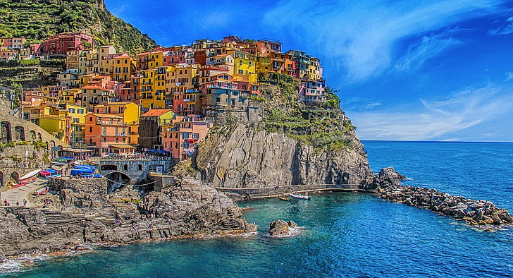 architecture, blue sky, cliff, coast, colorful houses, houses, island