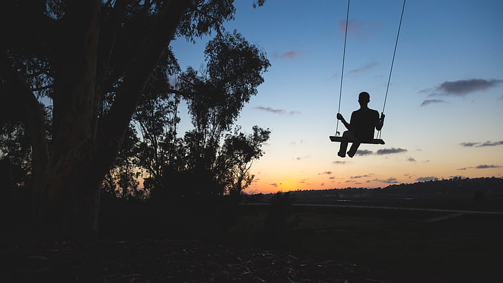 natur, person, silhuet, Sky, solopgang, Sunset, swing