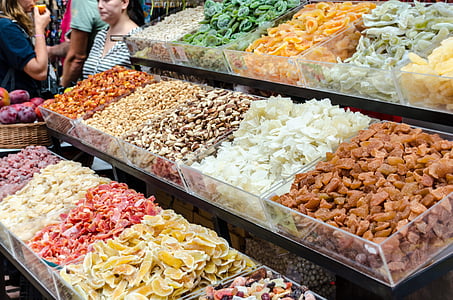 džiovinti vaisiai, saldainiai, Madeira, Funšalis, Portugalija, rinkos, Mercado