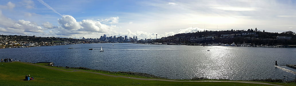 vista al lago, ciudad, Seattle, Washington, Estados Unidos, agua, sol