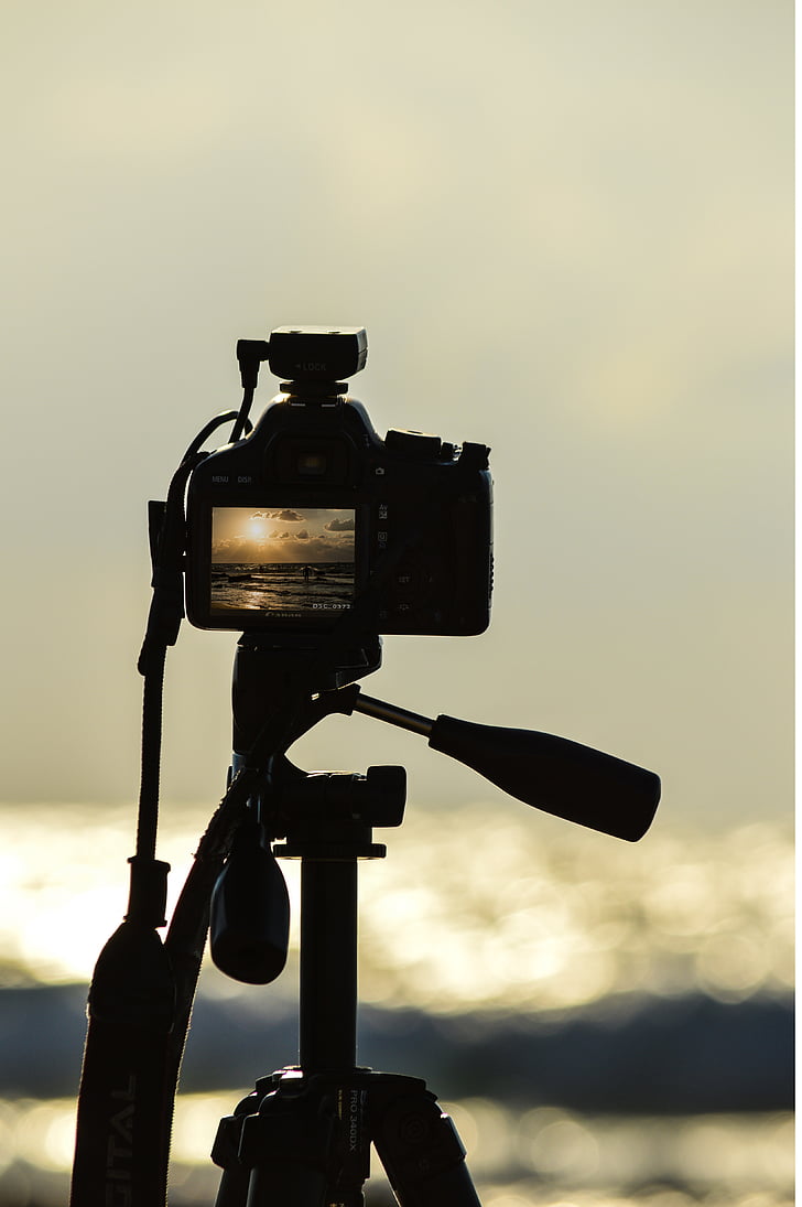 camera, sea, canon, beach, water, black, sunset