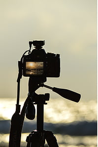 kameraet, sjøen, Canon, stranden, vann, svart, solnedgang
