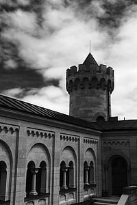 Neuschwanstein, slott, München, Tyskland, svart och vitt, tornet