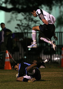 fútbol, jugador, saltar, juego, acción, saltando, competencia