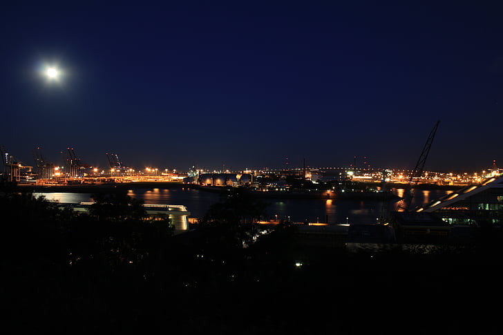 Hamburg, malam, Jembatan köhlbrand, Pelabuhan Hamburg, lampu, balkon Altona, kapal