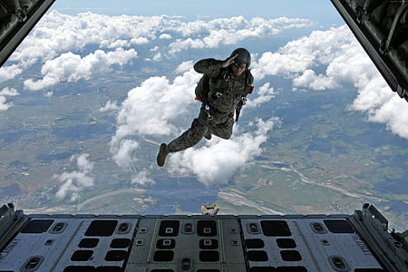 Airborne, soldaat, taak, wolk, vliegen