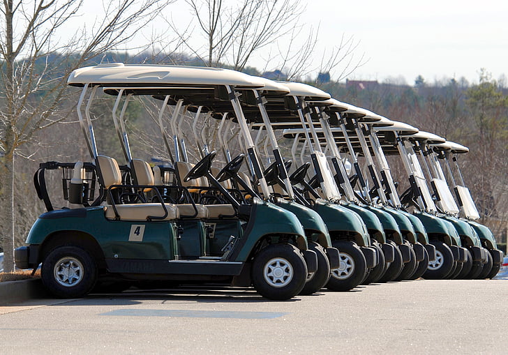 voiturettes de golf, Golf, garé, parcours de golf, transport, cours, vert