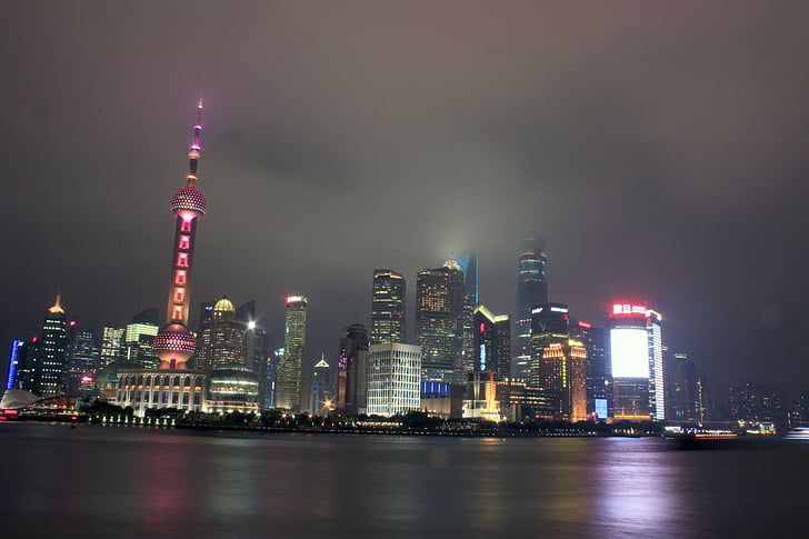 Шанхай, Китай, ночь, город, городской пейзаж, вид, Ориентир