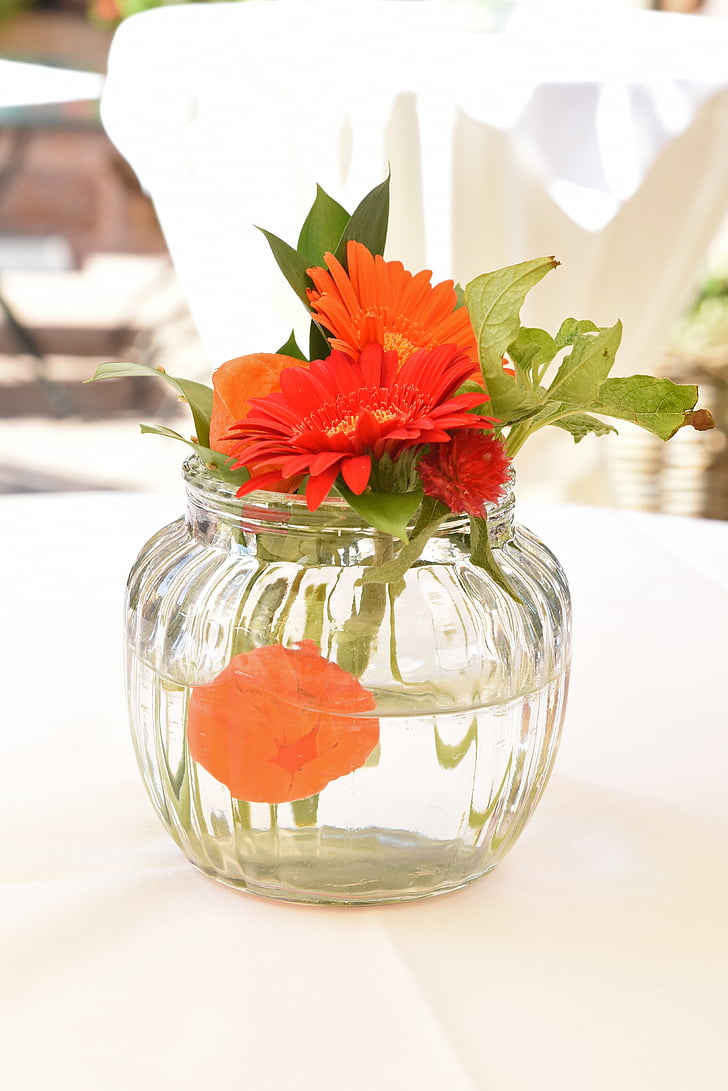 flower, glass, vase, table decorations, still life, deco, orange