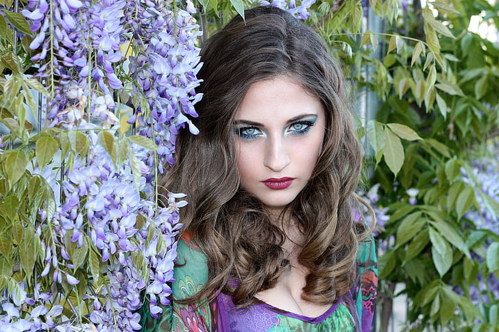 girl, flowers, violet, blue eyes, beauty, portrait, women