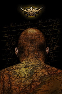 Calvo, cabeza, cuerpo, tatuaje, místico, surrealista, mapa