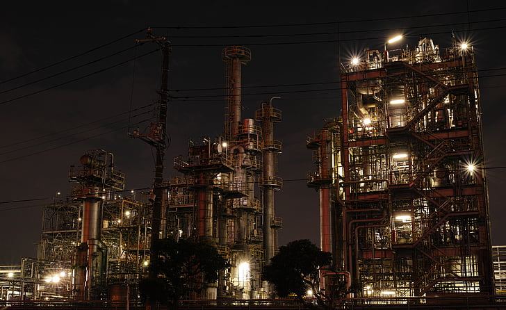 factory, night view, industrial, pipe, industrial complex, building, night